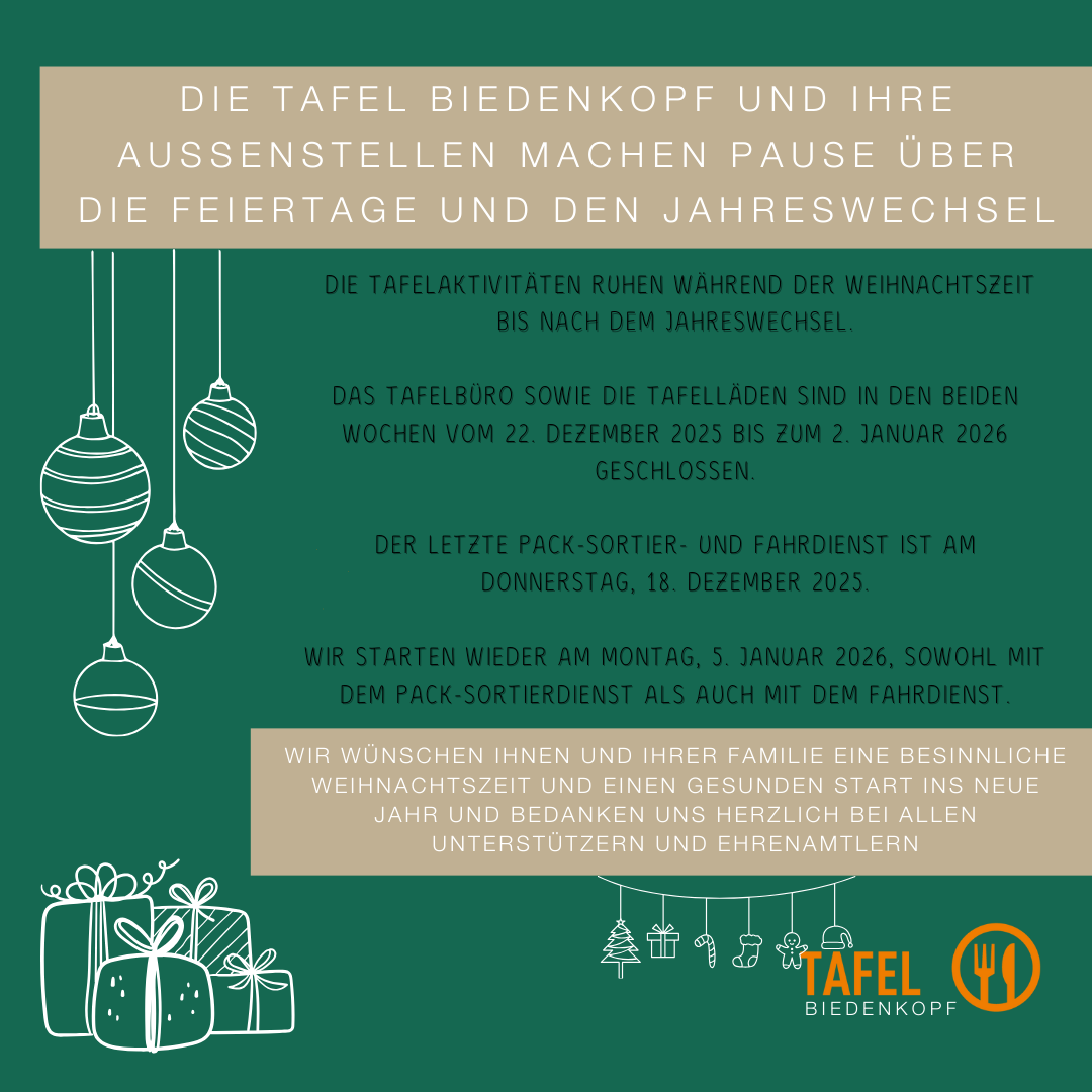 Schließungszeiten der Tafelausgabestellen zum Jahreswechsel 2025/2026