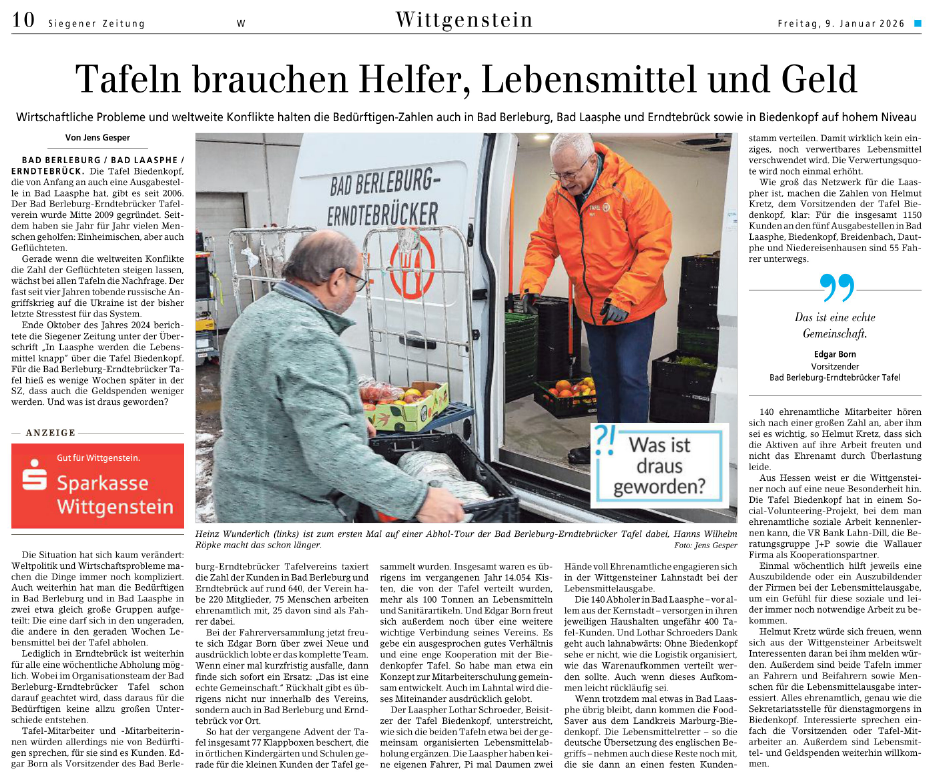 Pressebericht „Tafeln brauchen Helfer, Lebensmittel und Geld“