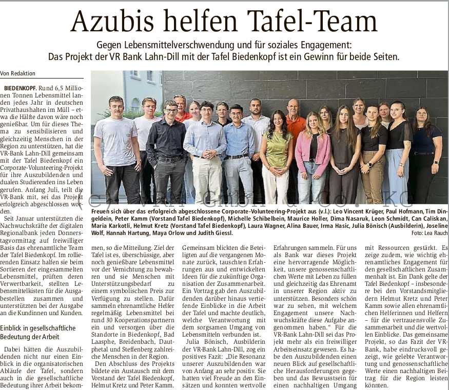 VR Bank Lahn-Dill setzt Engagement bei der Tafel Biedenkopf fort